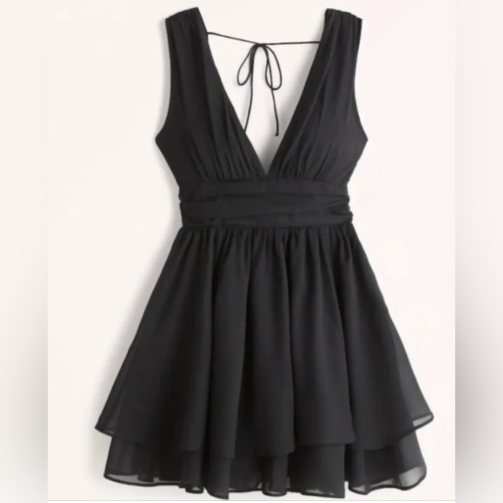 Abercrombie & Fitch Black Plunge V Neck Chiffon Mini Dress Bow Tie Back XXL
